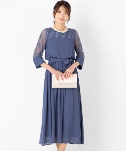 【ドレス2点セット】レースリボン切替ロングドレス　ブルーグレー/M