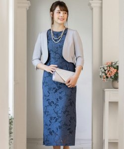 Select Shop  【ドレス4点SET】ジャカードレース袖付きタイトラインドレス　ブルー/M