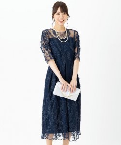 Select Shop  【ドレス3点セット】チュール×総刺繍ギャザースリーブドレス　ネイビー/LL