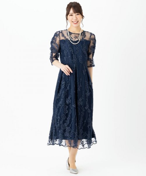 Select Shop  【ドレス3点セット】チュール×総刺繍ギャザースリーブドレス　ネイビー/3L