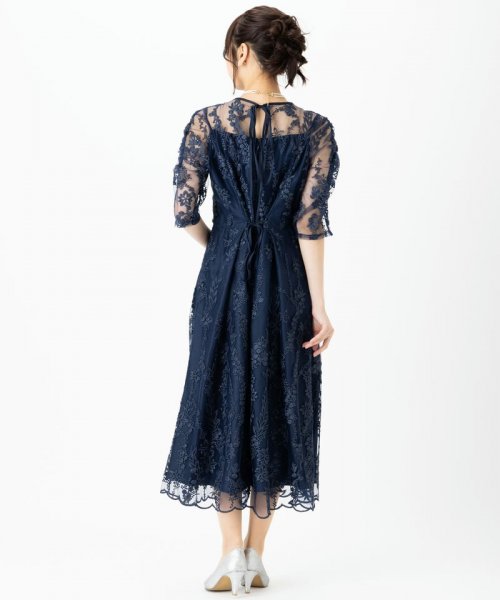 Select Shop  【ドレス3点セット】チュール×総刺繍ギャザースリーブドレス　ネイビー/3L
