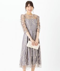 Select Shop  【ドレス3点セット】チュール×総刺繍ギャザースリーブドレス　グレーベージュ/L