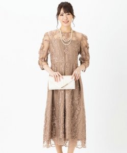 Select Shop  【ドレス3点セット】チュール×総刺繍ギャザースリーブドレス　モカ/L