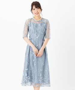 Select Shop  チュール×総刺繍ドレス　ブルーグレー/LL