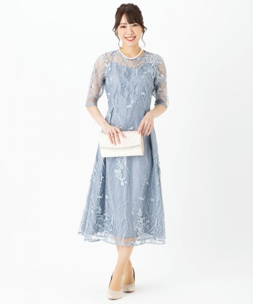 Select Shop  チュール×総刺繍ドレス　ブルーグレー/LL