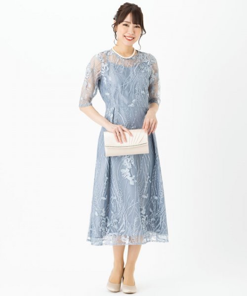 Select Shop  チュール×総刺繍ドレス　ブルーグレー/L