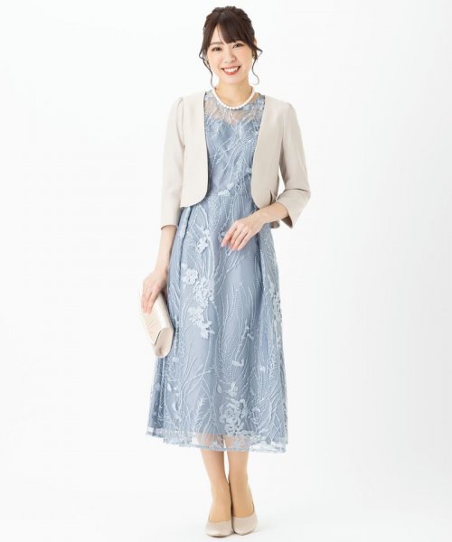 Select Shop  チュール×総刺繍ドレス　ブルーグレー/L