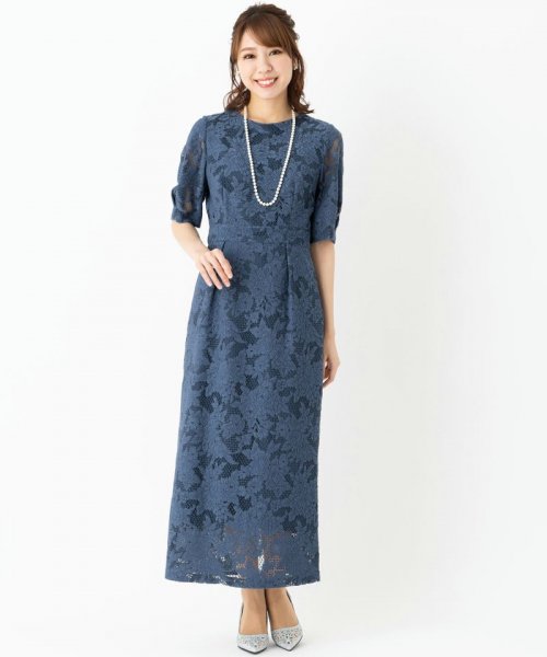 Aimer  【ドレス2点セット】エメ　ジャカードレース袖付きタイトラインドレス　ブルー/L