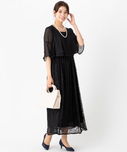 Select Shop  【授乳マタニティ】ティアードシフォン×レーススカートドレス　ブラック/LL