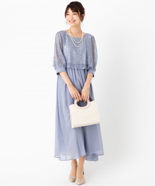 Select Shop  【授乳マタニティ】七分袖レーストップ×シフォンスカートドレス　ブルーグレー/LL