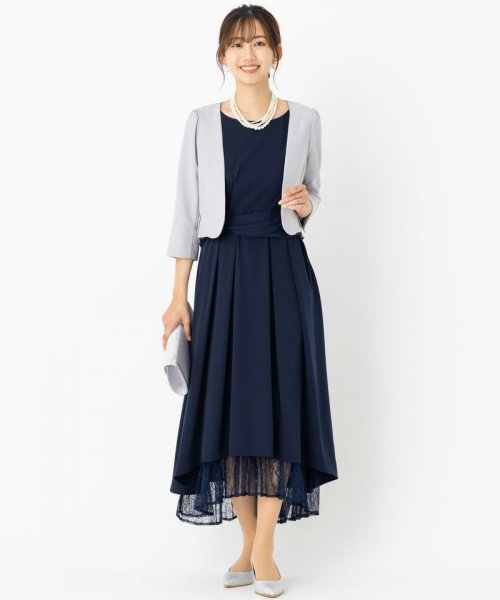 Select Shop  【ドレス3点セット】ウエストモチーフベルトドレス　ネイビー/LL