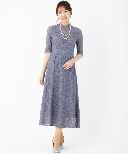 Select Shop  【ドレス3点セット】スタンドカラーパネル刺繍レースドレス　ブルーグレー/S-M