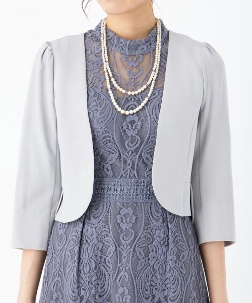 Select Shop  【ドレス3点セット】スタンドカラーパネル刺繍レースドレス　ブルーグレー/M-L