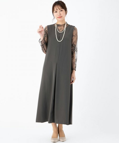 Select Shop  【ドレス2点セット】メローレースAラインロングドレス　ダークカーキ/LL