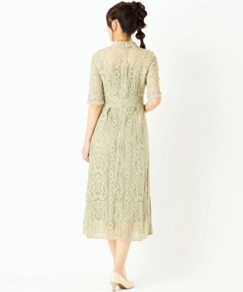Select Shop  【ドレス3点セット】スタンドカラーパネル刺繍レースドレス　ライトグリーン/M-L
