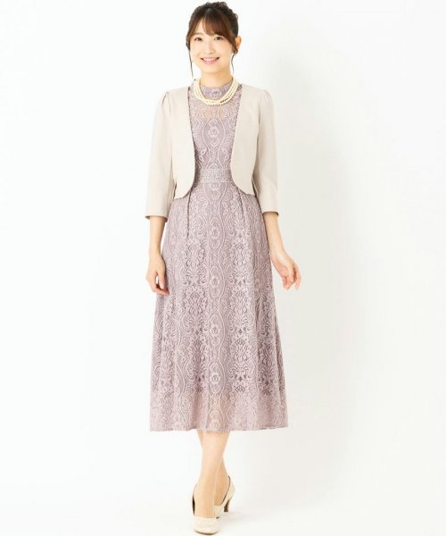 Select Shop  【ドレス3点セット】スタンドカラーパネル刺繍レースドレス　モーブ/M-L