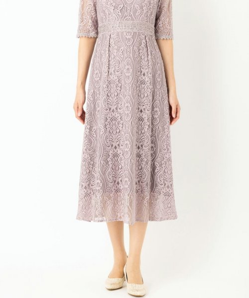 Select Shop  【ドレス3点セット】スタンドカラーパネル刺繍レースドレス　モーブ/M-L