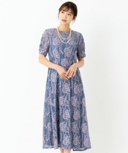 カエン　配色レースギャザードレス　ブルー/L