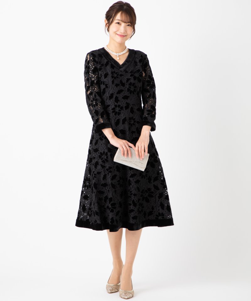 グレースコンチネンタル　ベロア刺繍ドレス　ブラック/S-M