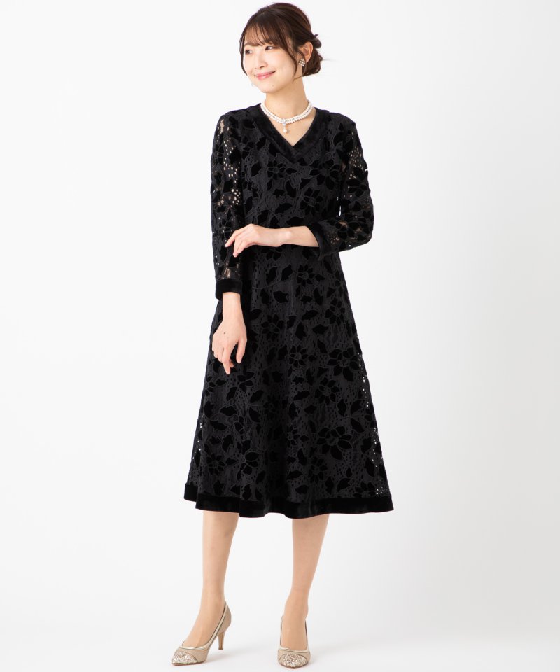 GRACE CONTINENTAL グレースコンチネンタル ベロア刺繍ドレス ブラック