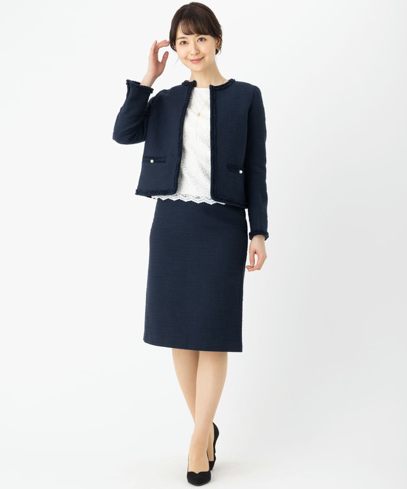 【スーツ3点SET】ツイードジャケット&ツイードタイトスカートスーツ　ネイビー/M
