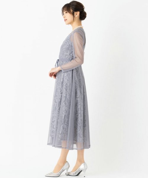 etoll.  【ドレス3点セット】エトル　幾何学チュールジャガードドレス　ブルーグレー/M