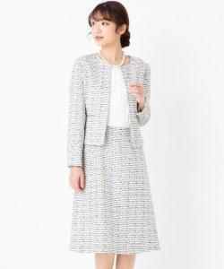 【スーツ2点SET】オリジナルツイードジャケット&切替ワンピースアンサンブル　ホワイト×ブラック/M