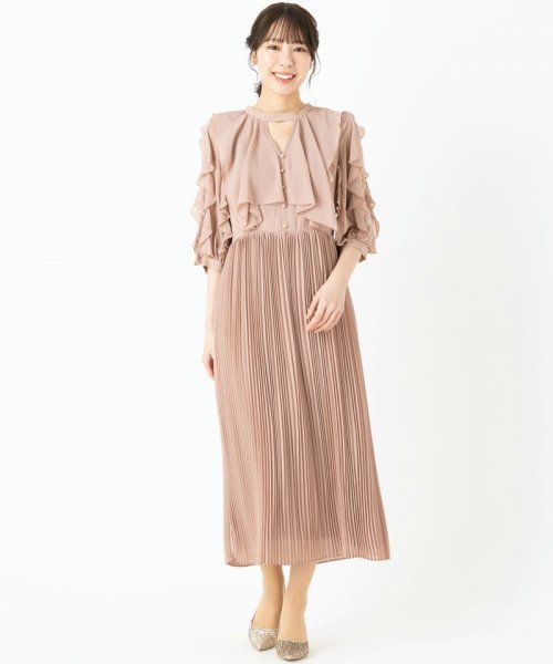 Select Shop  【ドレス2点セット】ラッフルキーホールネックドレス　グレージュ/M
