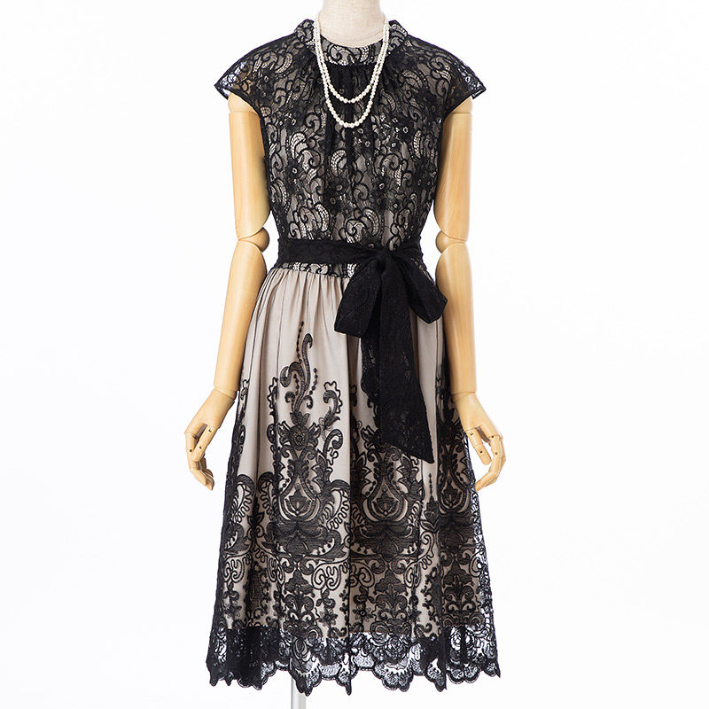 Select Shop 配色チュールレース刺繍ハイネックドレス ブラック 