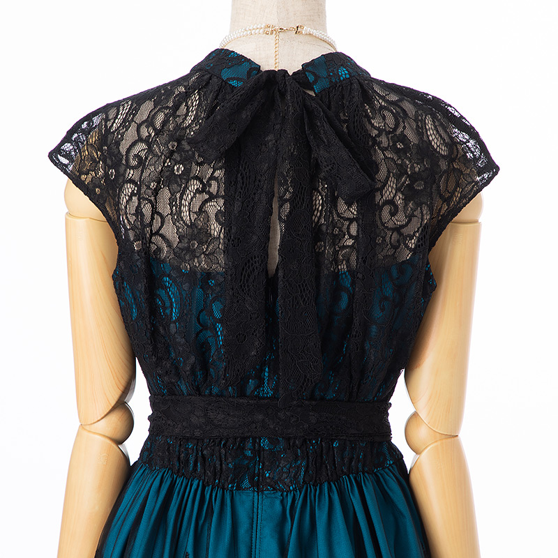 Select Shop 配色チュールレース刺繍ハイネックドレス ブラックティール/M｜結婚式パーティーのレンタルドレス・アイテムはCariru