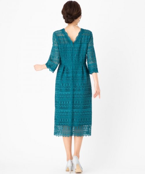 Select Shop  【ドレス2点セット】総レース七分袖ドレス　ブルーグリーン/M-L