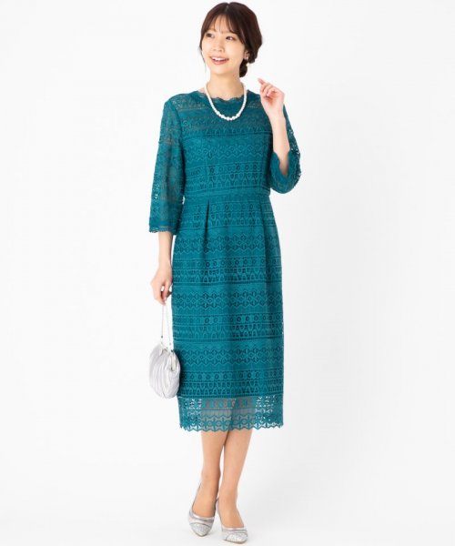 Select Shop  【ドレス2点セット】総レース七分袖ドレス　ブルーグリーン/M-L