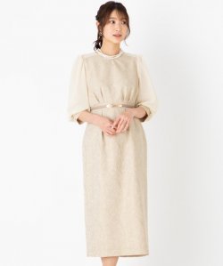 エメ　袖付きジャカードタイトラインドレス　イエロー/M