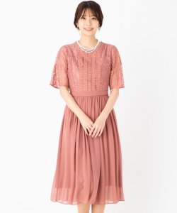 Aimer  エメ　はしごレースシフォンギャザースカートドレス　ピンク/S-M