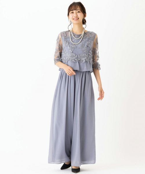 Select Shop  刺繍レース切り替えセットアップパンツドレス　ブルーグレー/M