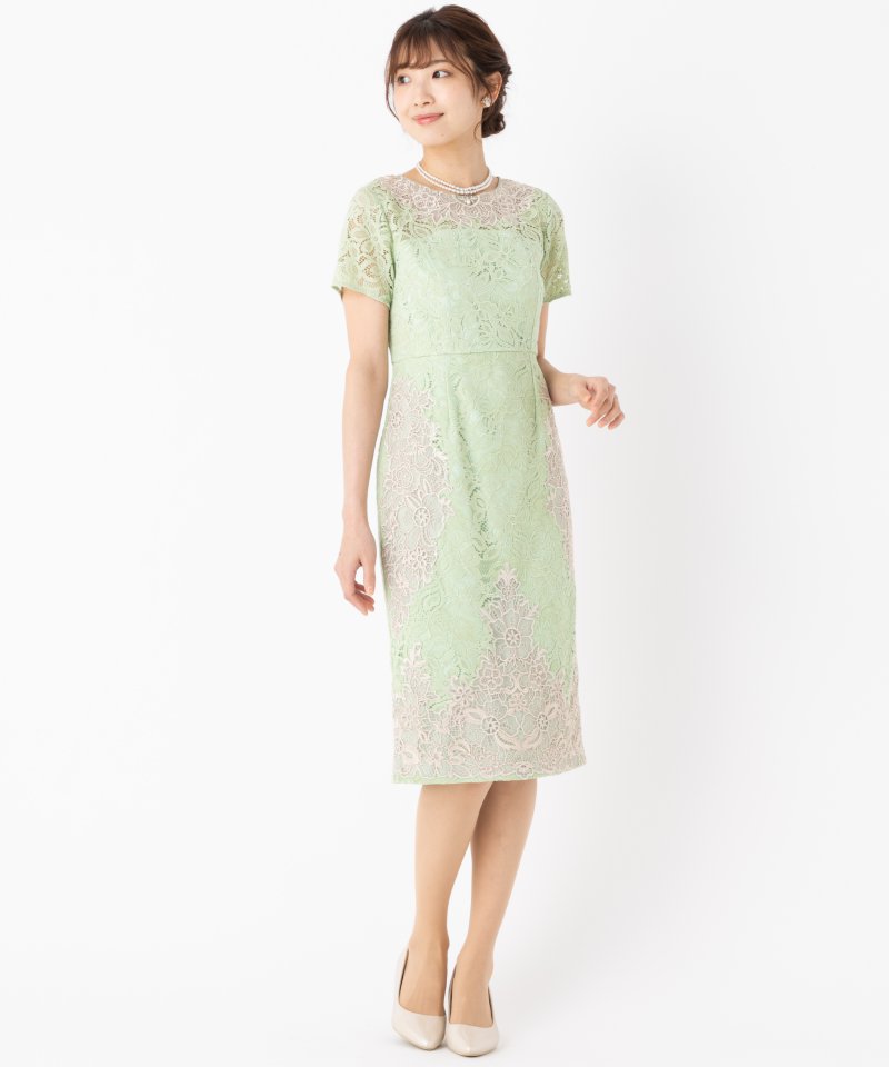 フラワーフレームタイトドレス(グリーン)