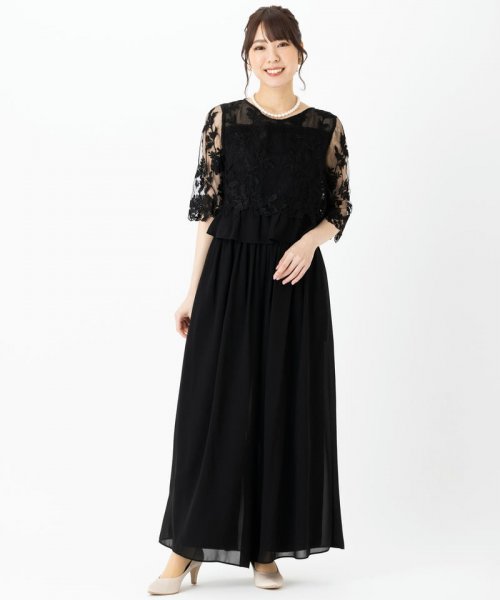 Select Shop  刺繍レース切り替えセットアップパンツドレス　ブラック/M