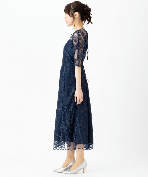 Select Shop  【ドレス3点セット】チュール×総刺繍ギャザースリーブドレス　ネイビー/LL
