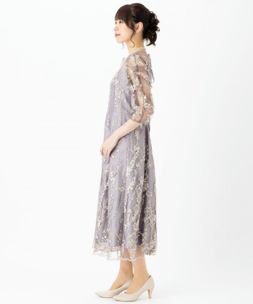 Select Shop  【ドレス3点セット】チュール×総刺繍ギャザースリーブドレス　グレーベージュ/M