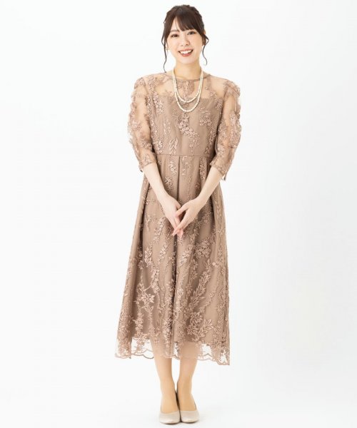 Select Shop  【ドレス3点セット】チュール×総刺繍ギャザースリーブドレス　モカ/S