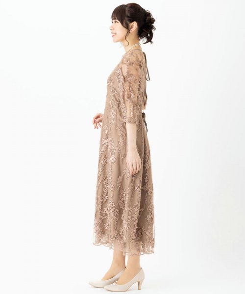 Select Shop  【ドレス3点セット】チュール×総刺繍ギャザースリーブドレス　モカ/M