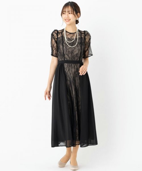 Select Shop  シフォン切り替えネックリボンレースドレス　ブラック/M