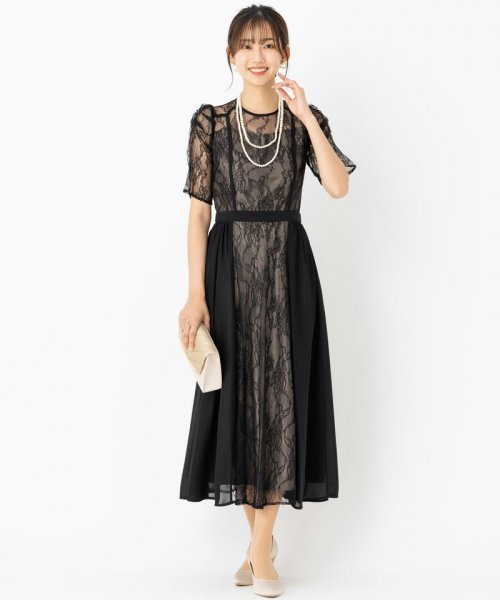 Select Shop  シフォン切り替えネックリボンレースドレス　ブラック/M