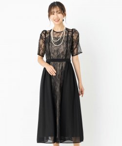 Select Shop  シフォン切り替えネックリボンレースドレス　ブラック/L