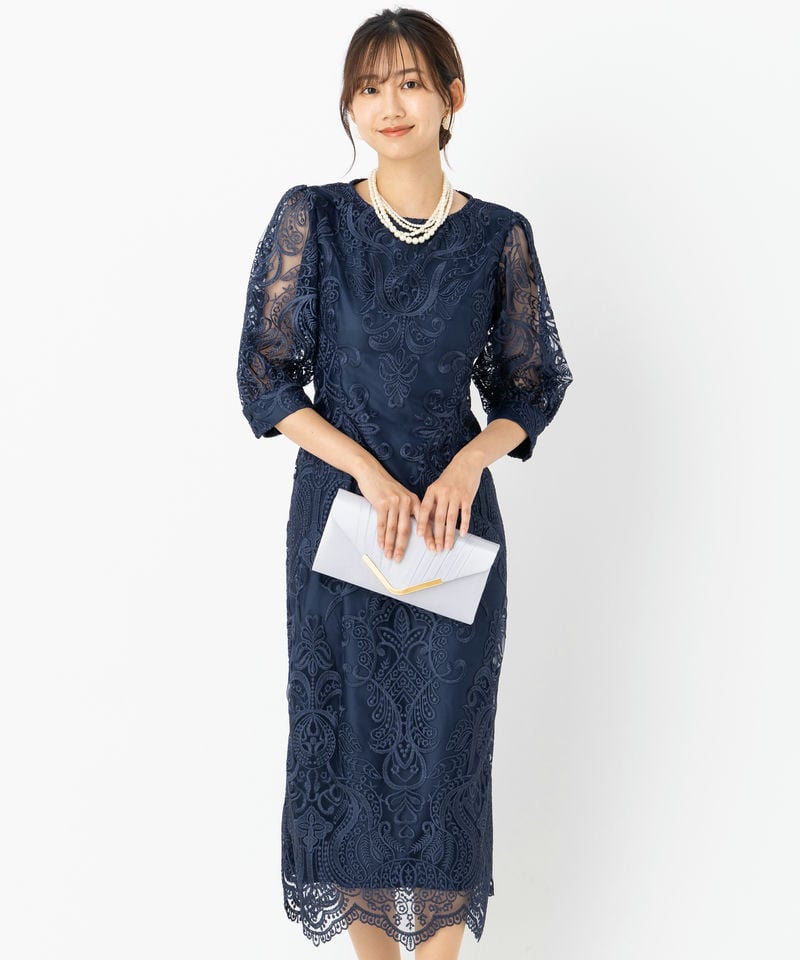 Select Shop  【ドレス2点セット】エンブロイダリーコクーンドレス　ネイビー/4L