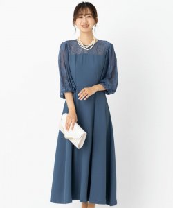 Select Shop  【ドレス2点セット】レース切替ビスチェ風パフスリーブフレアドレス　ブルー/M