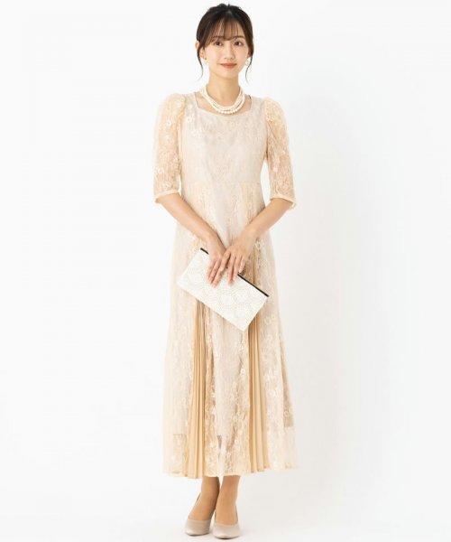 Select Shop  【ドレス2点セット】プリーツ切替え総レースドレス　ベージュ/M