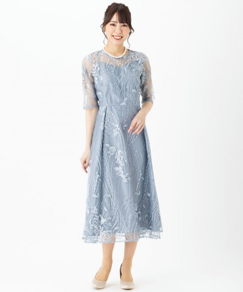 Select Shop  チュール×総刺繍ドレス　ブルーグレー/S