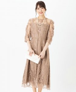 Select Shop  【ドレス2点セット】チュール×総刺繍ギャザースリーブドレス　モカ/S