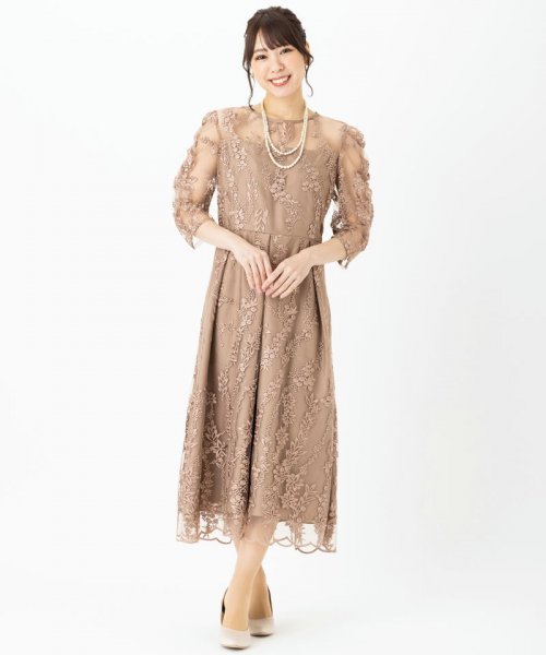 Select Shop  【ドレス2点セット】チュール×総刺繍ギャザースリーブドレス　モカ/L